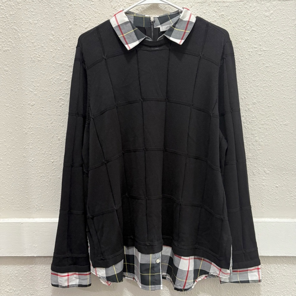 Foxcroft Collared Plaid Faux Layered Black Sweater Size 2X